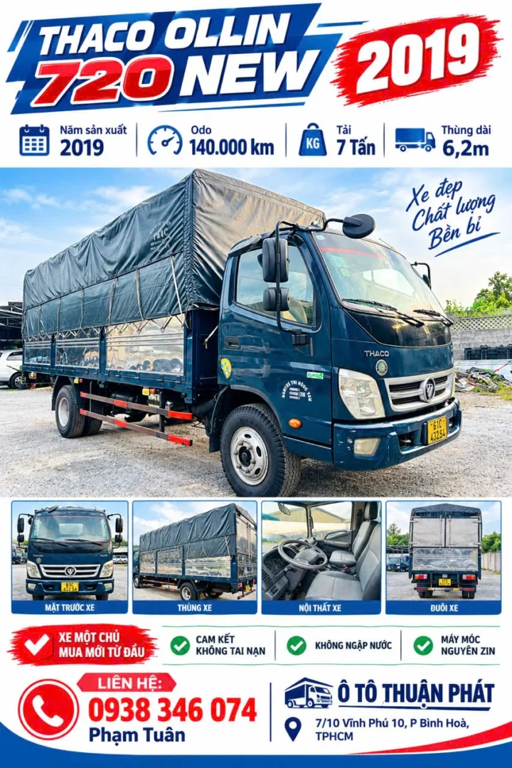 Xe Tải Cũ Thaco Ollin 720 New 7 Tấn Đời 2019 odo 14 Vạn Tải Thùng 6.2m